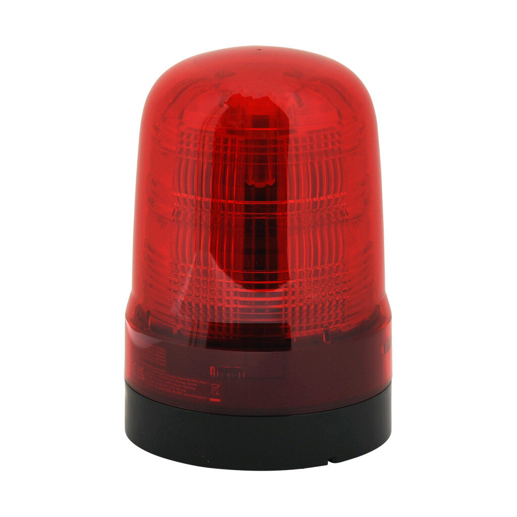 SF10-M1KTB-R - Patlite SF series LED audible-visual signal beacon, 88 dB at 1m, continuous tone(s), (22) selectable flashing and rotating patterns, red, 100mm, 12-24 VDC, IP66, NEMA 4X/13, push-in terminal.