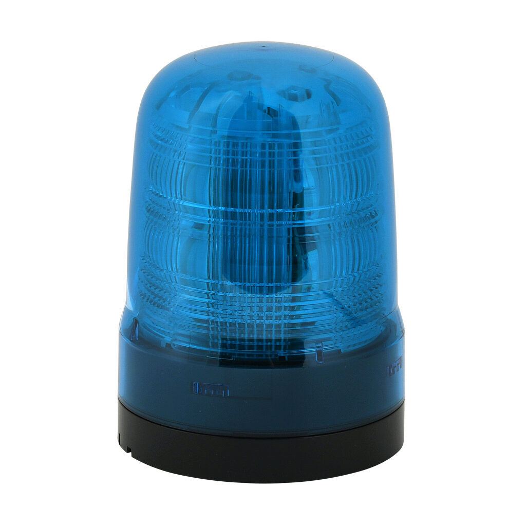 SF10-M1KTN-B - Patlite SF series LED industrial signal beacon, 100mm, blue, (22) selectable flashing and rotating patterns, IP66, NEMA 4X/13, base mount, 12-24 VDC.