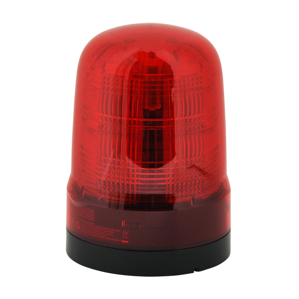SF10-M1KTN-R - Patlite SF series LED industrial signal beacon, 100mm, red, (22) selectable flashing and rotating patterns, IP66, NEMA 4X/13, base mount, 12-24 VDC.