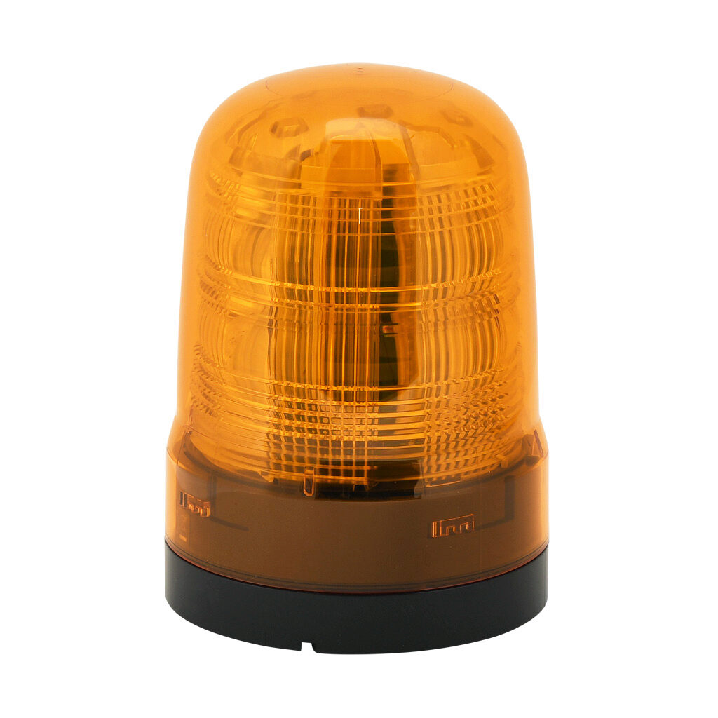 SF10-M1KTN-Y - Patlite SF series LED industrial signal beacon, 100mm, amber, (22) selectable flashing and rotating patterns, IP66, NEMA 4X/13, base mount, 12-24 VDC.