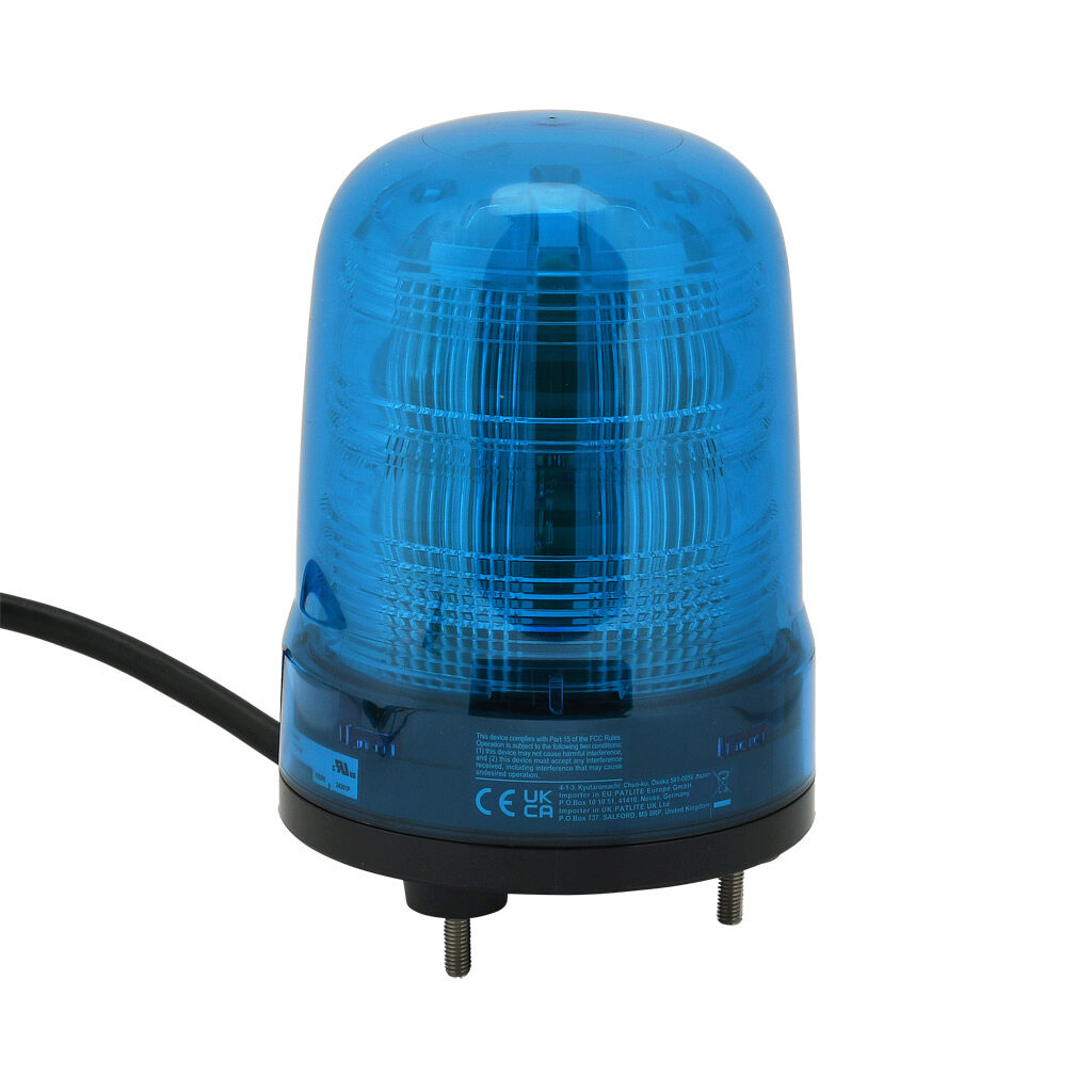 SF10-M2JN-B - Patlite SF series LED industrial signal beacon, 100mm, blue, (22) selectable flashing and rotating patterns, IP23, base mount, 100-240 VAC. IP65 when used with SZW-103 rubber gasket.