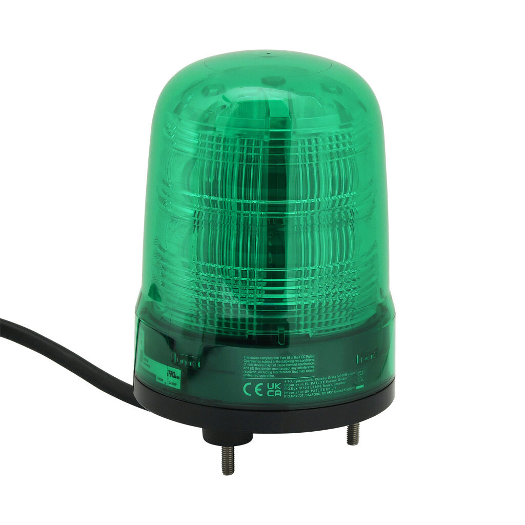 SF10-M2JN-G - Patlite SF series LED industrial signal beacon, 100mm, green, (22) selectable flashing and rotating patterns, IP23, base mount, 100-240 VAC. IP65 when used with SZW-103 rubber gasket.