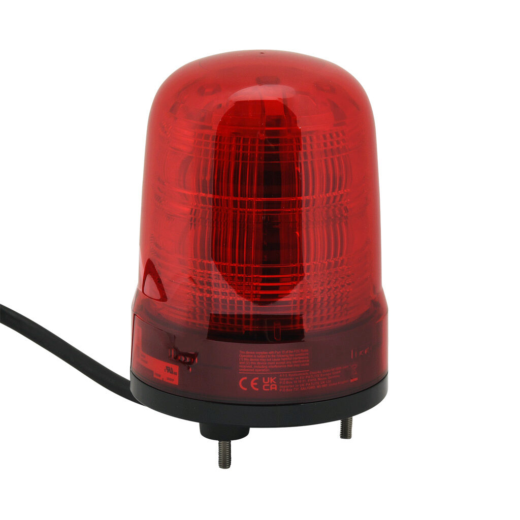SF10-M2JN-R - Patlite SF series LED industrial signal beacon, 100mm, red, (22) selectable flashing and rotating patterns, IP23, base mount, 100-240 VAC. IP65 when used with SZW-103 rubber gasket.