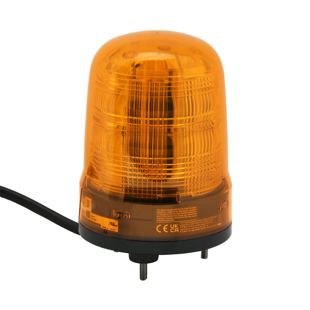 SF10-M2JN-Y - Patlite SF series LED industrial signal beacon, 100mm, amber, (22) selectable flashing and rotating patterns, IP23, base mount, 100-240 VAC. IP65 when used with SZW-103 rubber gasket.