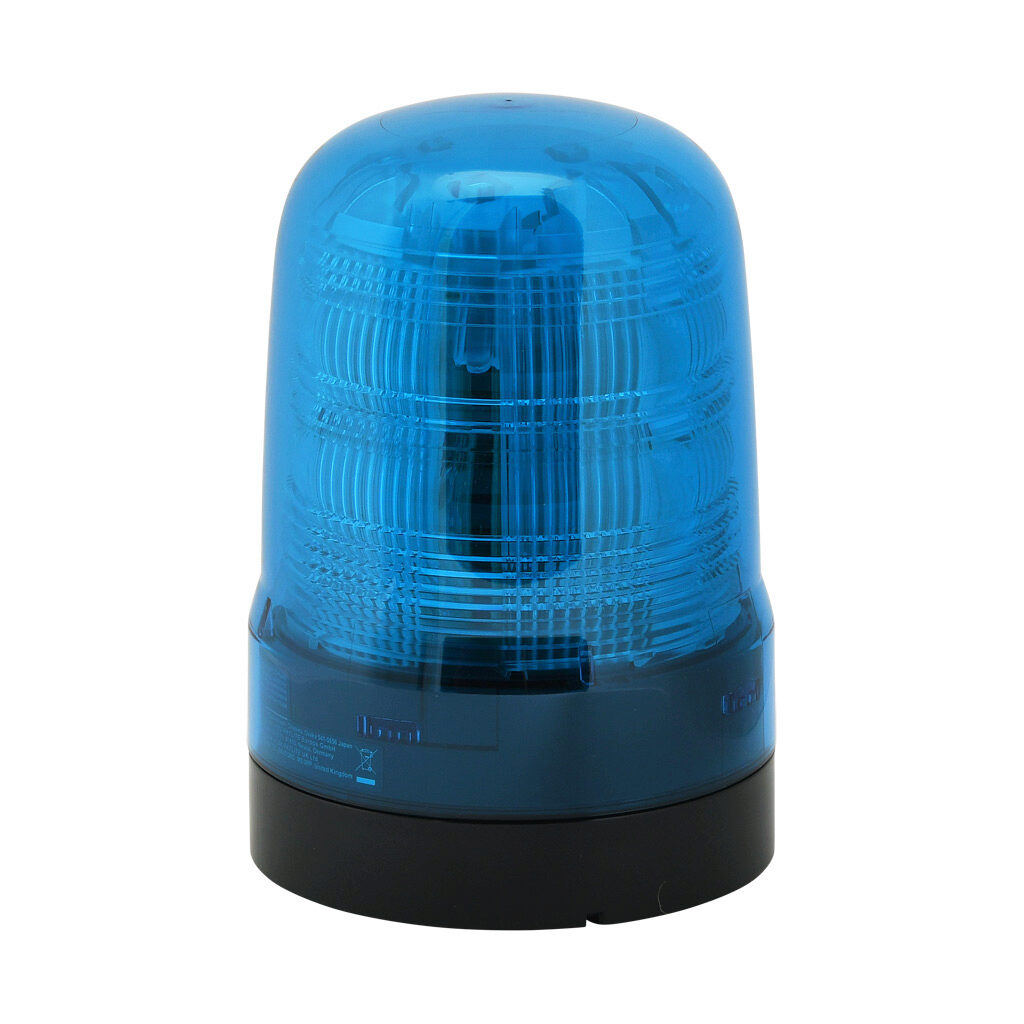 SF10-M2KTB-B - Patlite SF series LED audible-visual signal beacon, 88 dB at 1m, continuous tone(s), (22) selectable flashing and rotating patterns, blue, 100mm, 100-240 VAC, IP66, NEMA 4X/13, push-in terminal.
