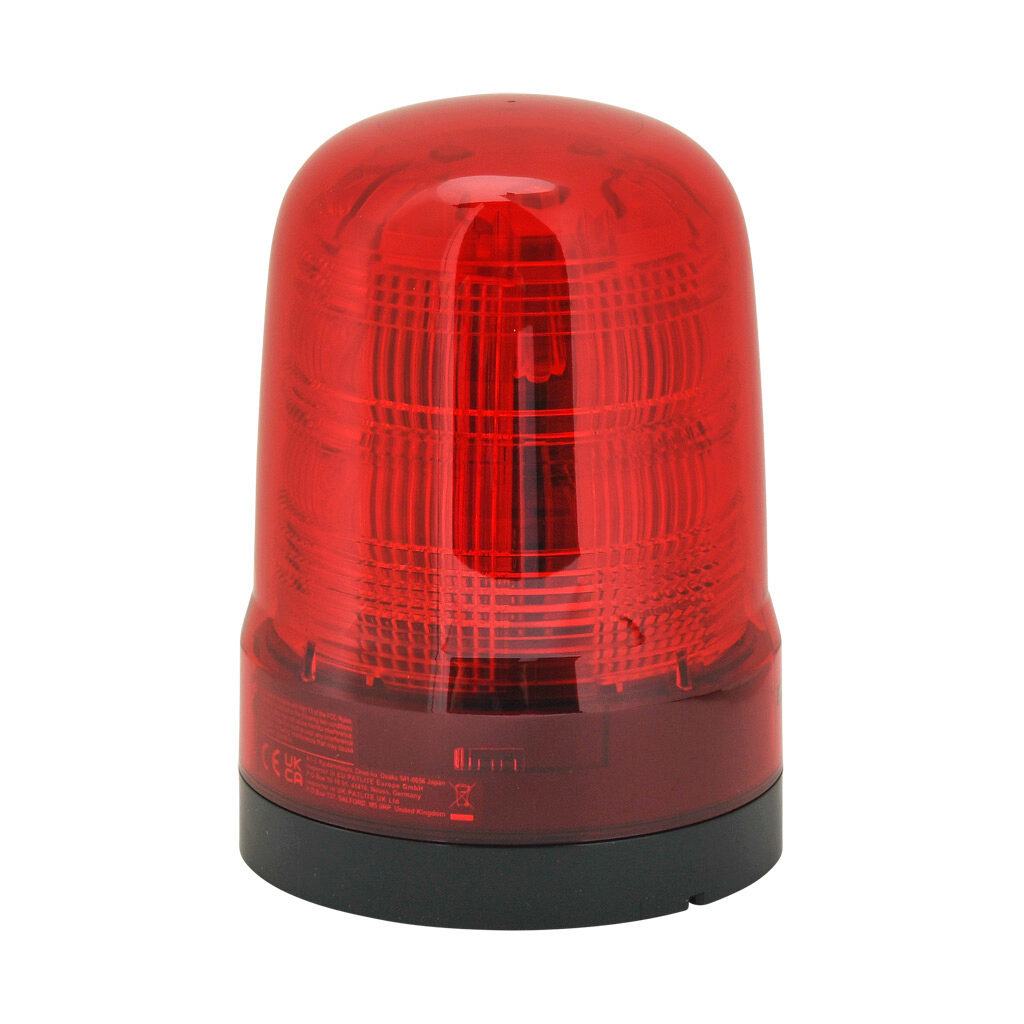SF10-M2KTN-R - Patlite SF series LED industrial signal beacon, 100mm, red, (22) selectable flashing and rotating patterns, IP66, NEMA 4X/13, base mount, 100-240 VAC.