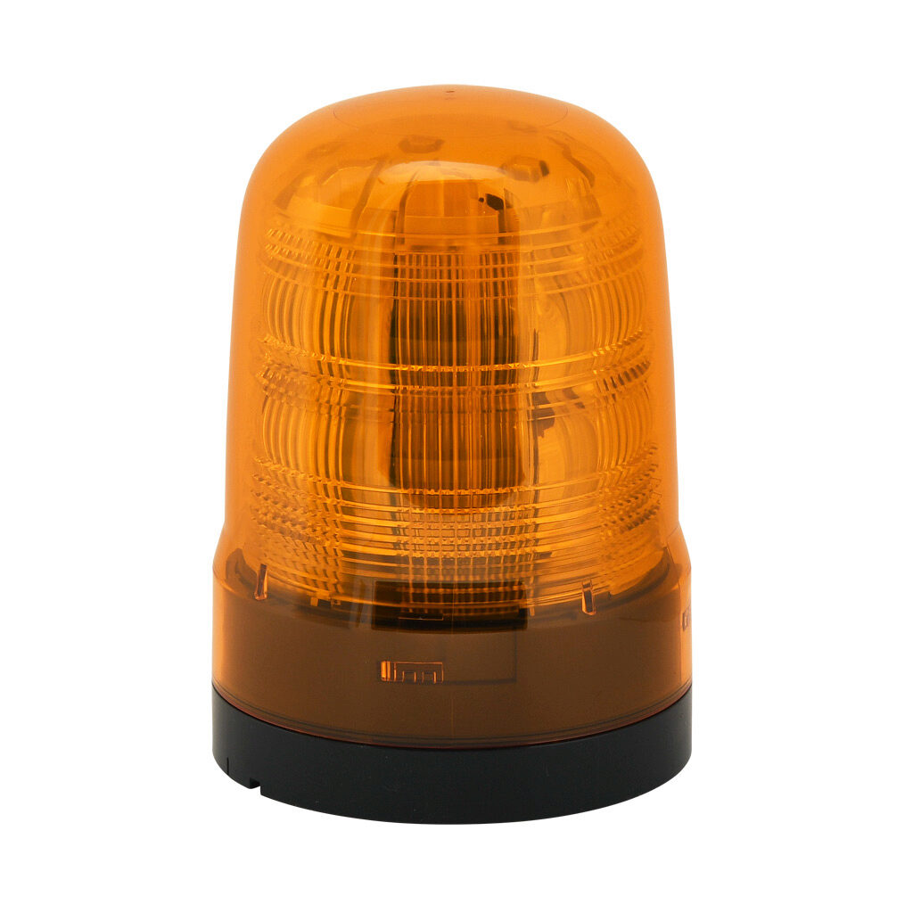 SF10-M2KTN-Y - Patlite SF series LED industrial signal beacon, 100mm, amber, (22) selectable flashing and rotating patterns, IP66, NEMA 4X/13, base mount, 100-240 VAC.