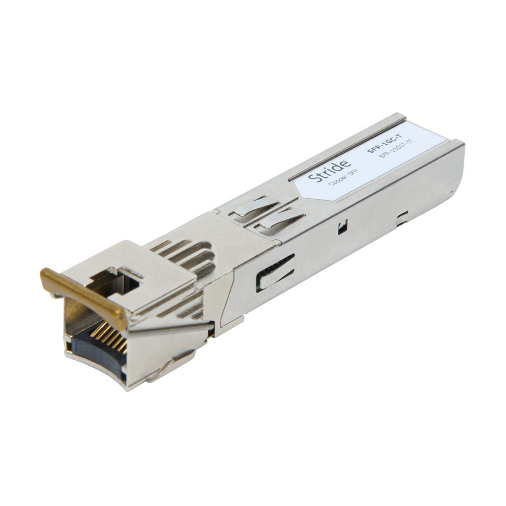 SFP-1GC-T - STRIDE Gigabit (1.25 Gb) small form factor pluggable (SFP) transceiver module, copper, 100m, Cat6A Ethernet (RJ45).