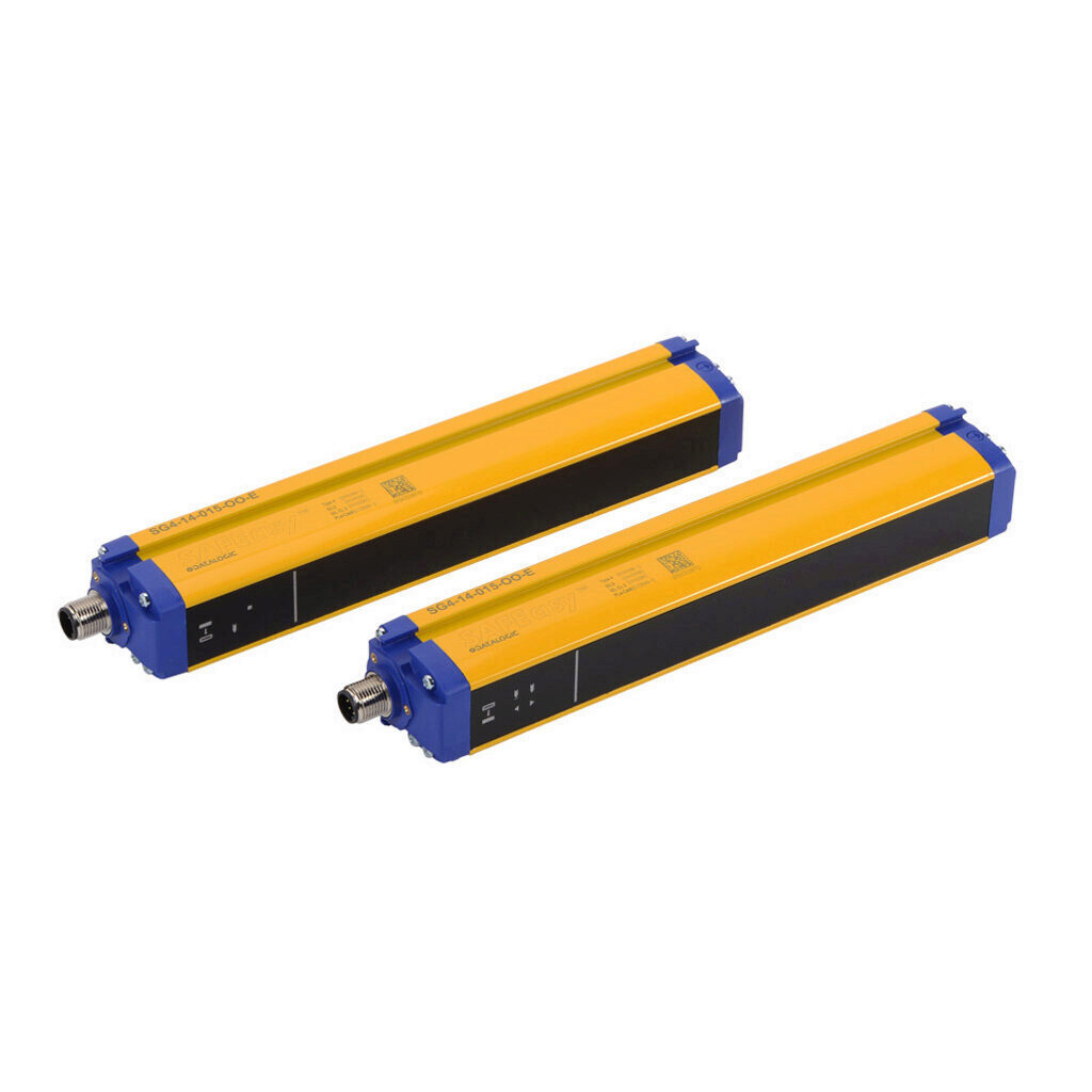 SG4-14-015-OO-E - Datalogic safety light curtain, sender/receiver pair, finger protection, 24 VDC, 14mm resolution, 150mm protected height, 0.2-6m operating distance, safety category Type 4, IP65, (1) 4-pin and (1) 8-pin M12 quick-disconnect.