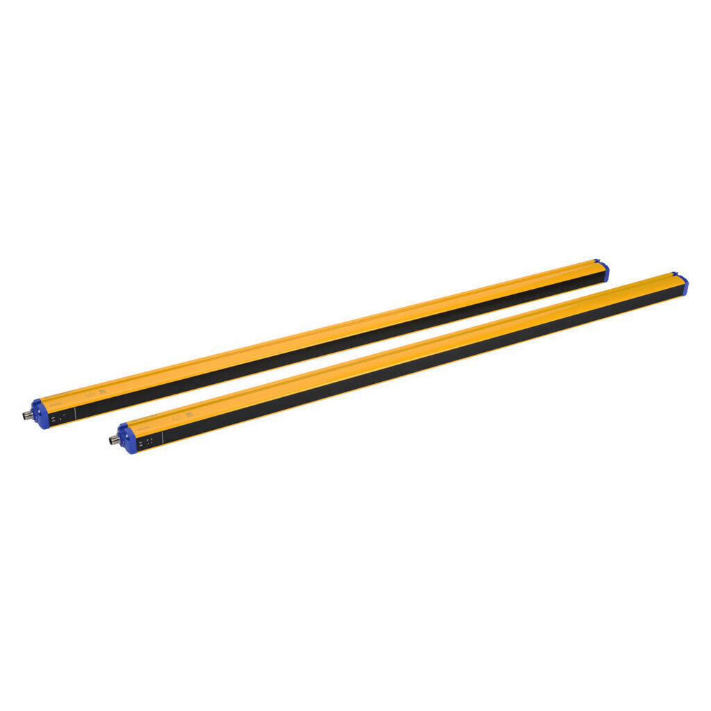 SG4-14-090-OO-E - Datalogic safety light curtain, sender/receiver pair, finger protection, 24 VDC, 14mm resolution, 900mm protected height, 0.2-6m operating distance, safety category Type 4, IP65, (1) 4-pin and (1) 8-pin M12 quick-disconnect.