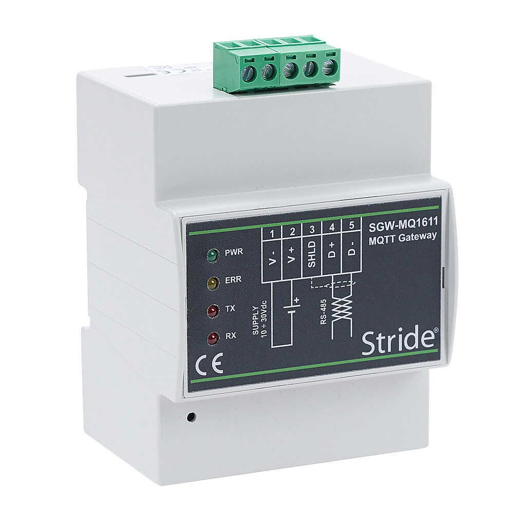 SGW-MQ1611 - STRIDE industrial MQTT gateway, (1) Ethernet 10/100Base-T (RJ45) and (1) RS-485 (2-pin terminal) port(s), wired Internet connectivity, 10-30 VDC required.