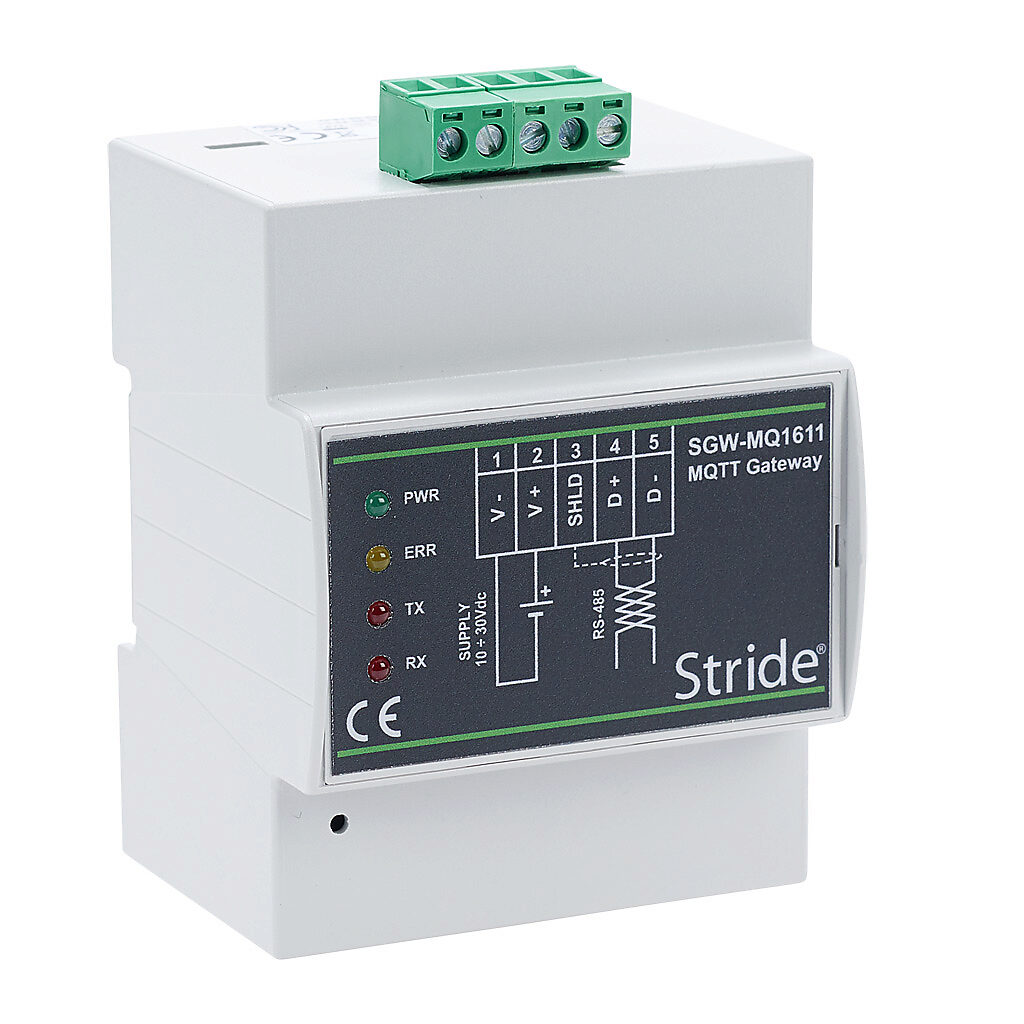SGW-MQ1611-WF - STRIDE industrial MQTT gateway, (1) Ethernet 10/100Base-T (RJ45) and (1) RS-485 (2-pin terminal) port(s), wired + 802.11 a/b/g/n/ac WiFi Internet connectivity, 10-30 VDC required.