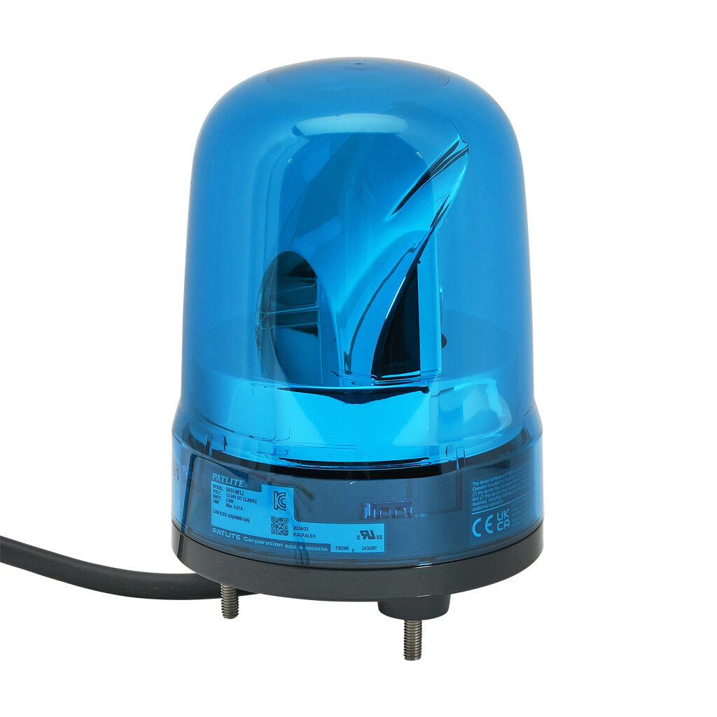 SKH-M1J-B - Patlite SK series LED industrial signal beacon, 100mm, blue, rotating (120rpm), IP23, base mount, 12-24 VDC. IP65 when used with SZW-103 rubber gasket.