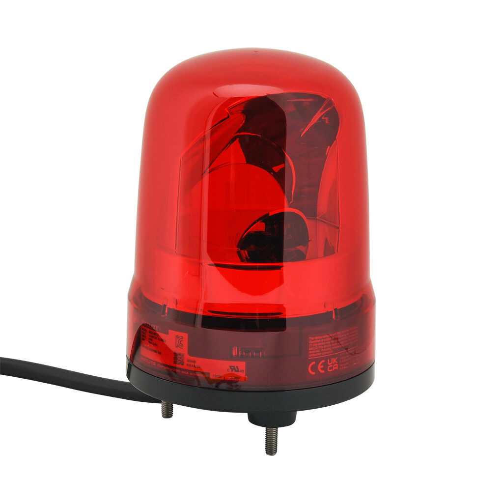 SKH-M1J-R - Patlite SK series LED industrial signal beacon, 100mm, red, rotating (120rpm), IP23, base mount, 12-24 VDC. IP65 when used with SZW-103 rubber gasket.