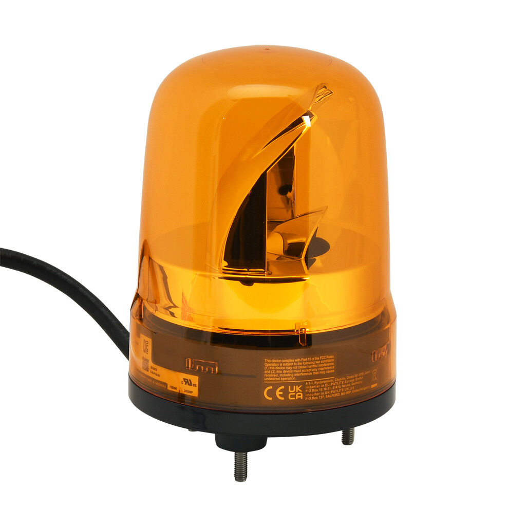 SKH-M1J-Y - Patlite SK series LED industrial signal beacon, 100mm, amber, rotating (120rpm), IP23, base mount, 12-24 VDC. IP65 when used with SZW-103 rubber gasket.