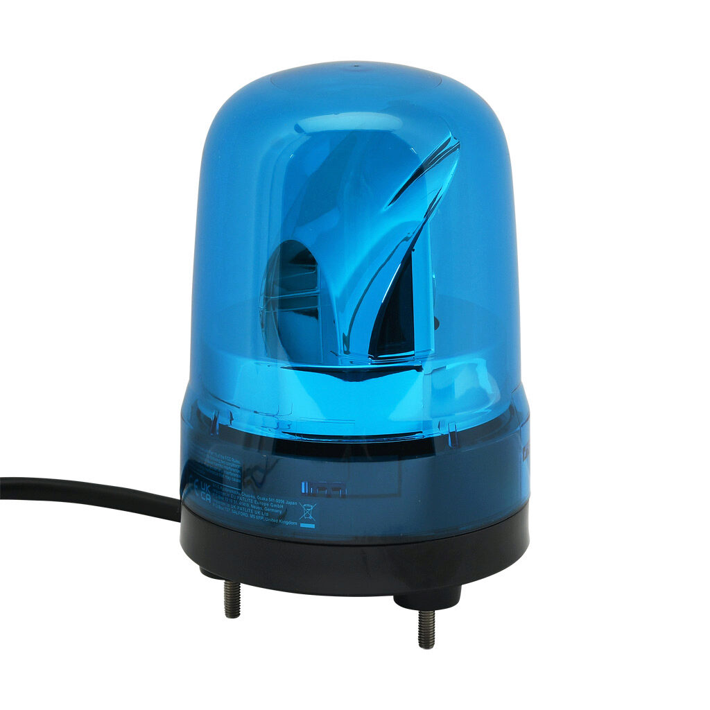 SKH-M1JB-B - Patlite SK series LED audible-visual signal beacon, 88 dB at 1m, intermittent tone(s), rotating (120rpm), blue, 100mm, 12-24 VDC, IP23, pigtail.