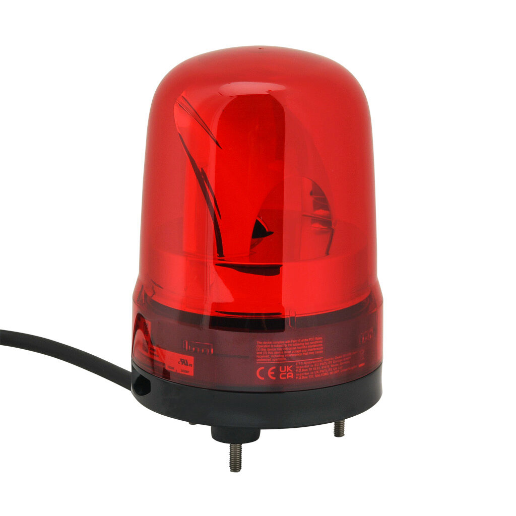SKH-M1JB-R - Patlite SK series LED audible-visual signal beacon, 88 dB at 1m, intermittent tone(s), rotating (120rpm), red, 100mm, 12-24 VDC, IP23, pigtail.