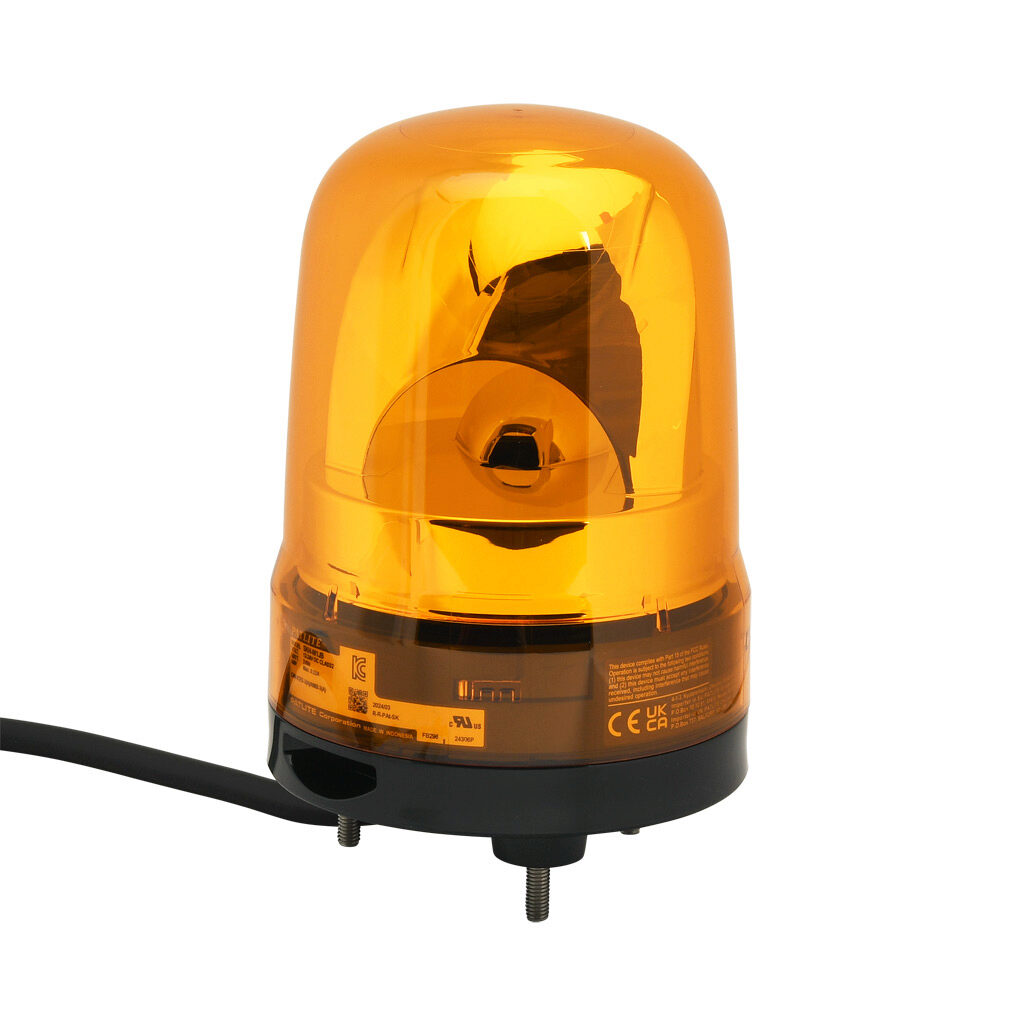 SKH-M1JB-Y - Patlite SK series LED audible-visual signal beacon, 88 dB at 1m, intermittent tone(s), rotating (120rpm), amber, 100mm, 12-24 VDC, IP23, pigtail.