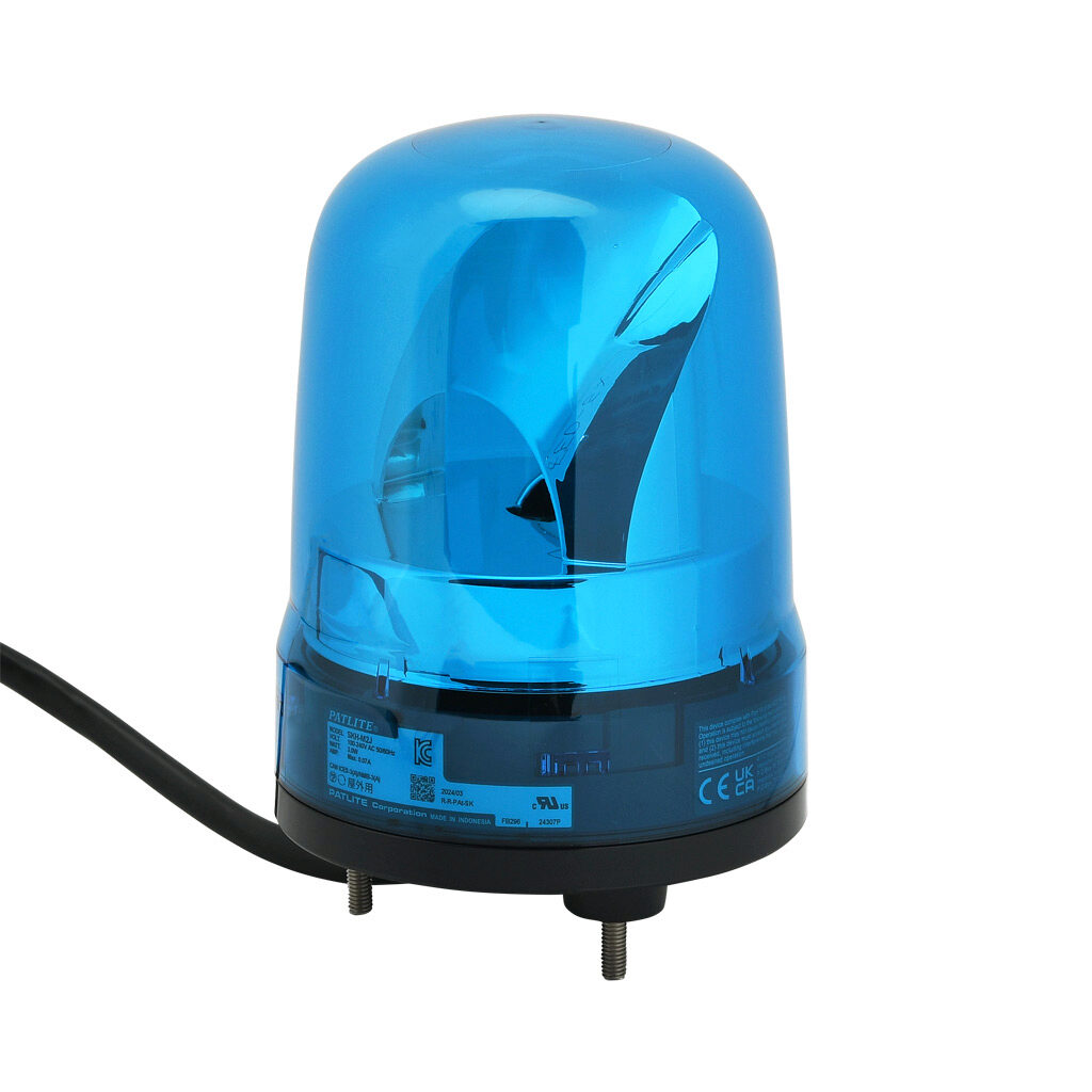 SKH-M2J-B - Patlite SK series LED industrial signal beacon, 100mm, blue, rotating (120rpm), IP23, base mount, 100-240 VAC. IP65 when used with SZW-103 rubber gasket.