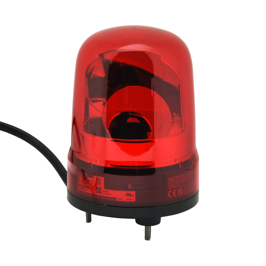 SKH-M2J-R - Patlite SK series LED industrial signal beacon, 100mm, red, rotating (120rpm), IP23, base mount, 100-240 VAC. IP65 when used with SZW-103 rubber gasket.