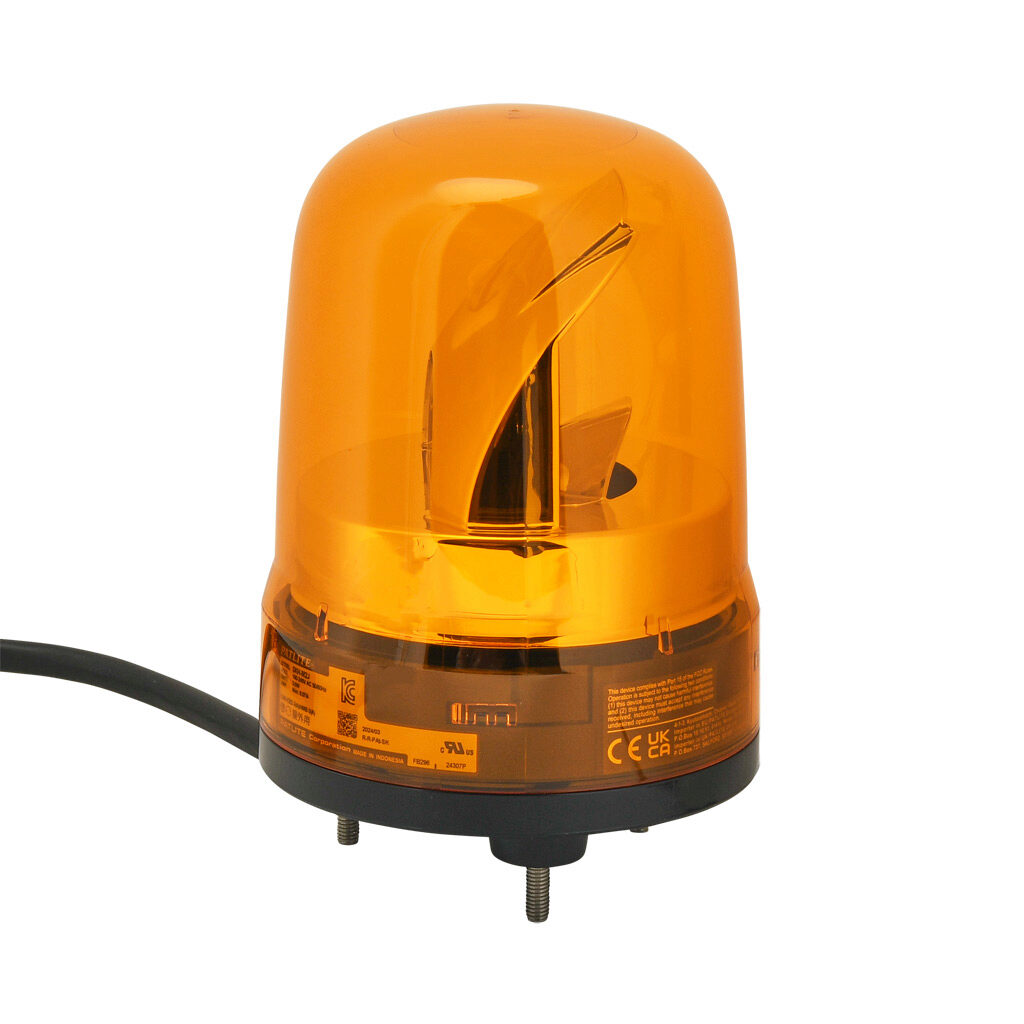 SKH-M2J-Y - Patlite SK series LED industrial signal beacon, 100mm, amber, rotating (120rpm), IP23, base mount, 100-240 VAC. IP65 when used with SZW-103 rubber gasket.