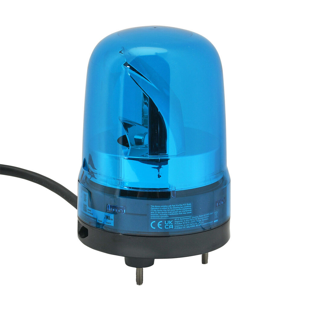 SKH-M2JB-B - Patlite SK series LED audible-visual signal beacon, 88 dB at 1m, intermittent tone(s), rotating (120rpm), blue, 100mm, 100-240 VAC, IP23, pigtail.