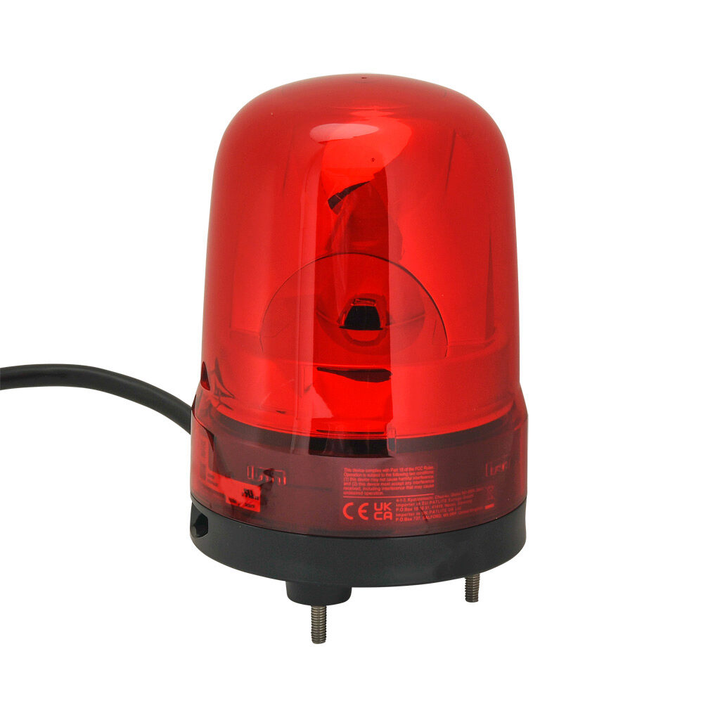 SKH-M2JB-R - Patlite SK series LED audible-visual signal beacon, 88 dB at 1m, intermittent tone(s), rotating (120rpm), red, 100mm, 100-240 VAC, IP23, pigtail.