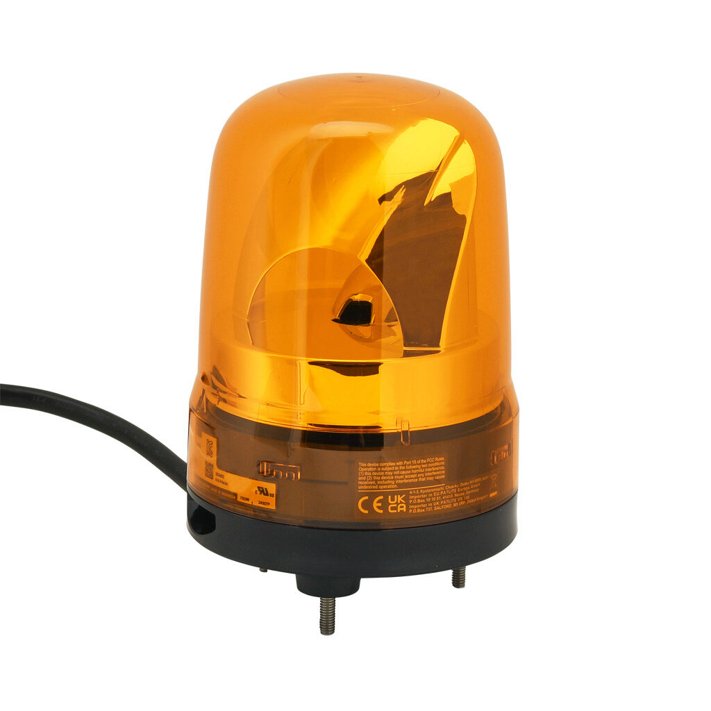 SKH-M2JB-Y - Patlite SK series LED audible-visual signal beacon, 88 dB at 1m, intermittent tone(s), rotating (120rpm), amber, 100mm, 100-240 VAC, IP23, pigtail.