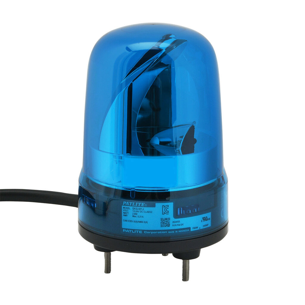 SKS-M1J-B - Patlite SK series LED industrial signal beacon, 80mm, blue, rotating (120rpm), IP23, base mount, 12-24 VDC. IP65 when used with SZW-102 rubber gasket.