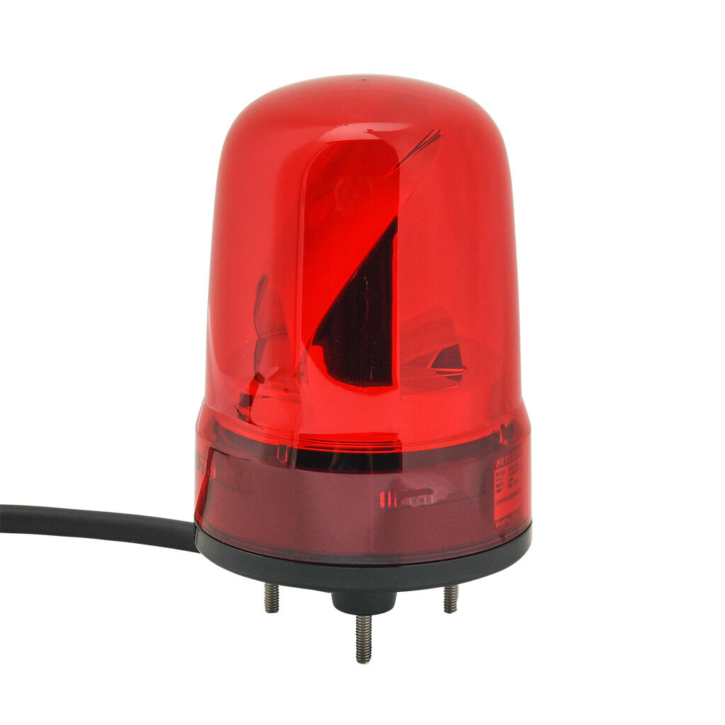 SKS-M1J-R - Patlite SK series LED industrial signal beacon, 80mm, red, rotating (120rpm), IP23, base mount, 12-24 VDC. IP65 when used with SZW-102 rubber gasket.