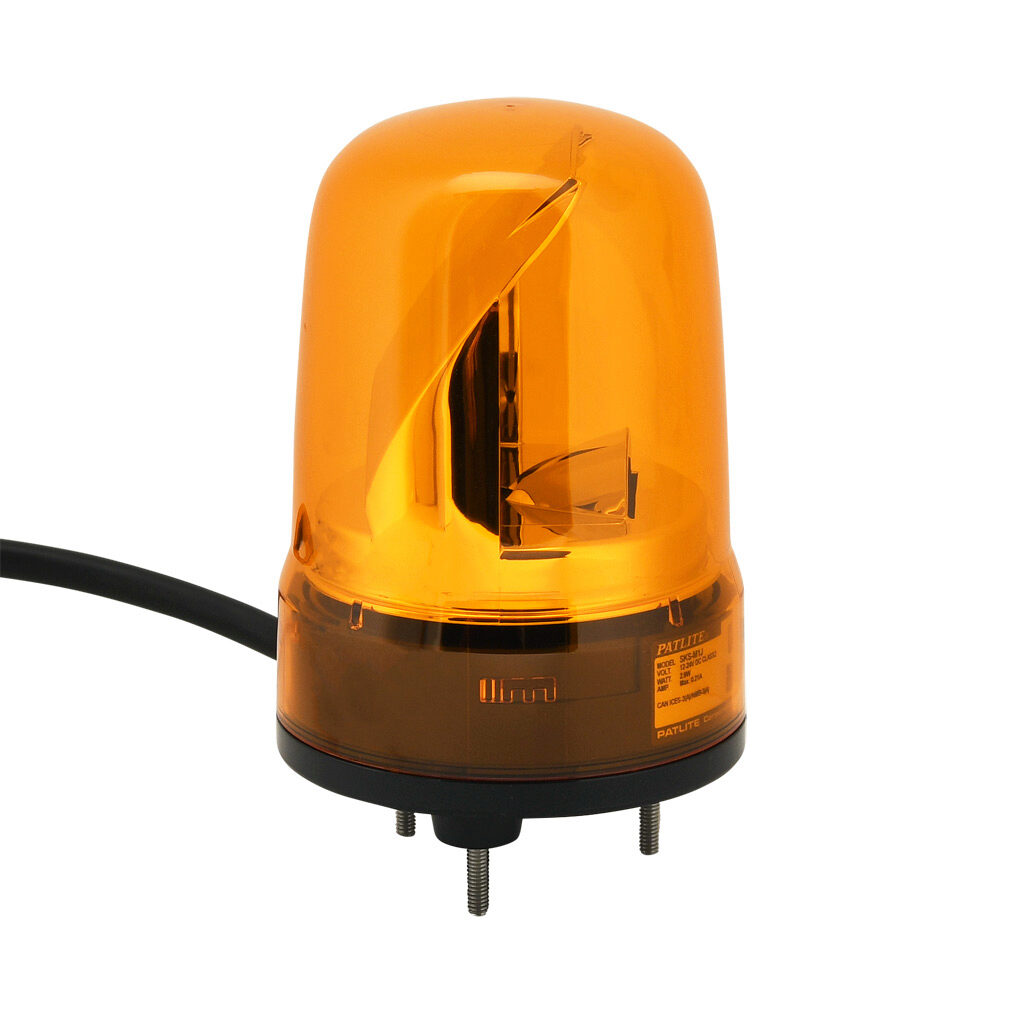 SKS-M1J-Y - Patlite SK series LED industrial signal beacon, 80mm, amber, rotating (120rpm), IP23, base mount, 12-24 VDC. IP65 when used with SZW-102 rubber gasket.