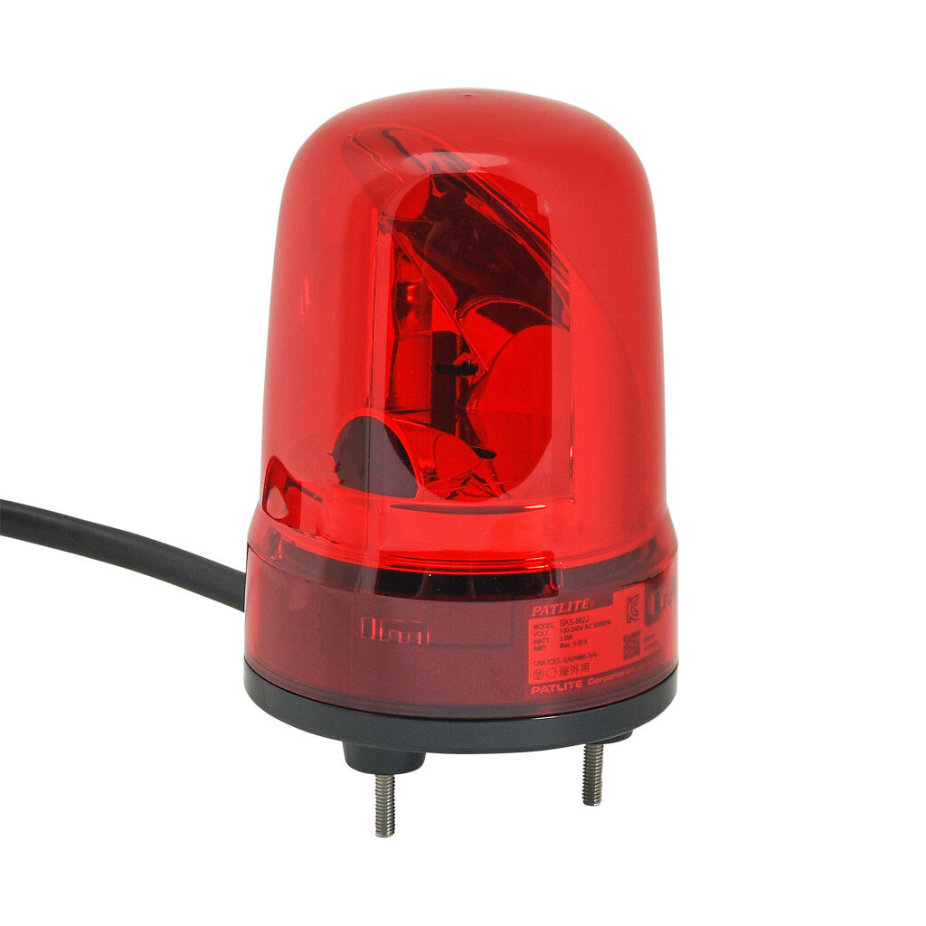 SKS-M2J-R - Patlite SK series LED industrial signal beacon, 80mm, red, rotating (120rpm), IP23, base mount, 100-240 VAC. IP65 when used with SZW-102 rubber gasket.