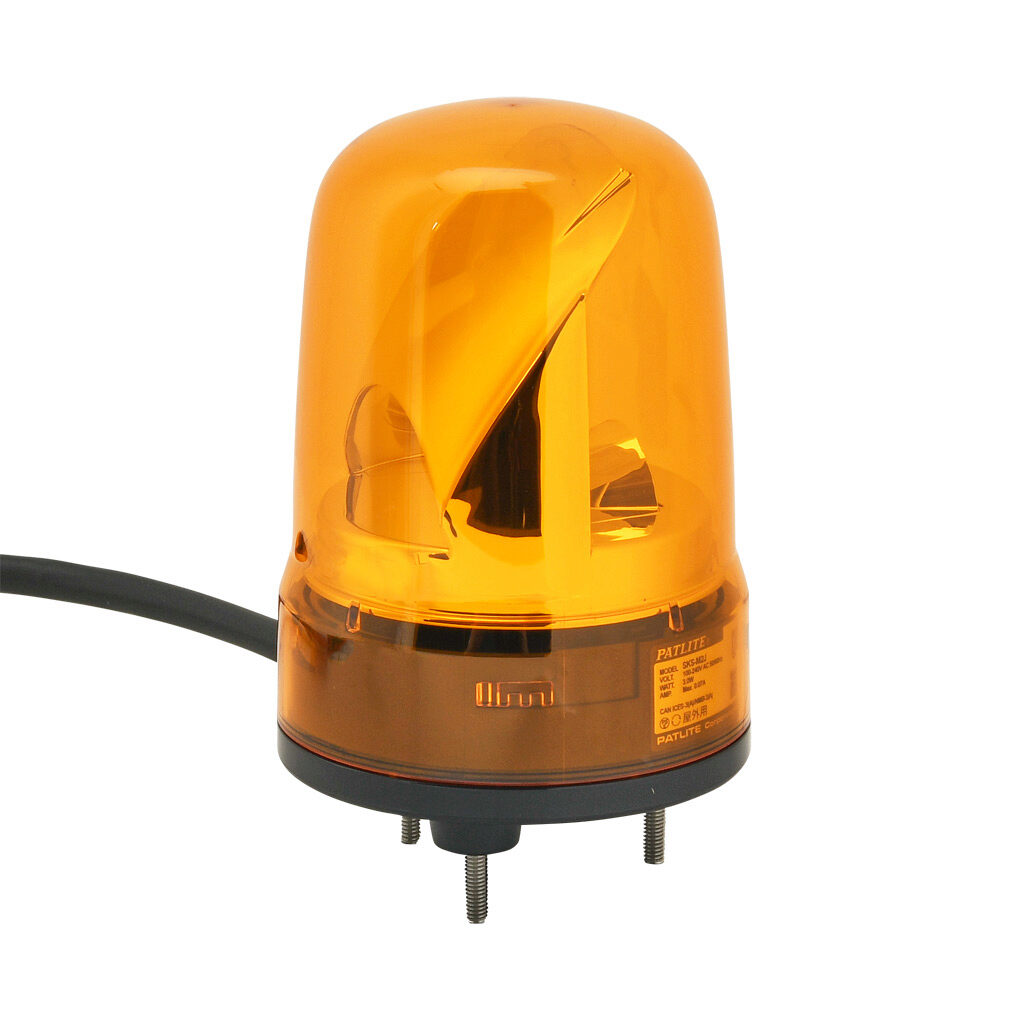 SKS-M2J-Y - Patlite SK series LED industrial signal beacon, 80mm, amber, rotating (120rpm), IP23, base mount, 100-240 VAC. IP65 when used with SZW-102 rubber gasket.