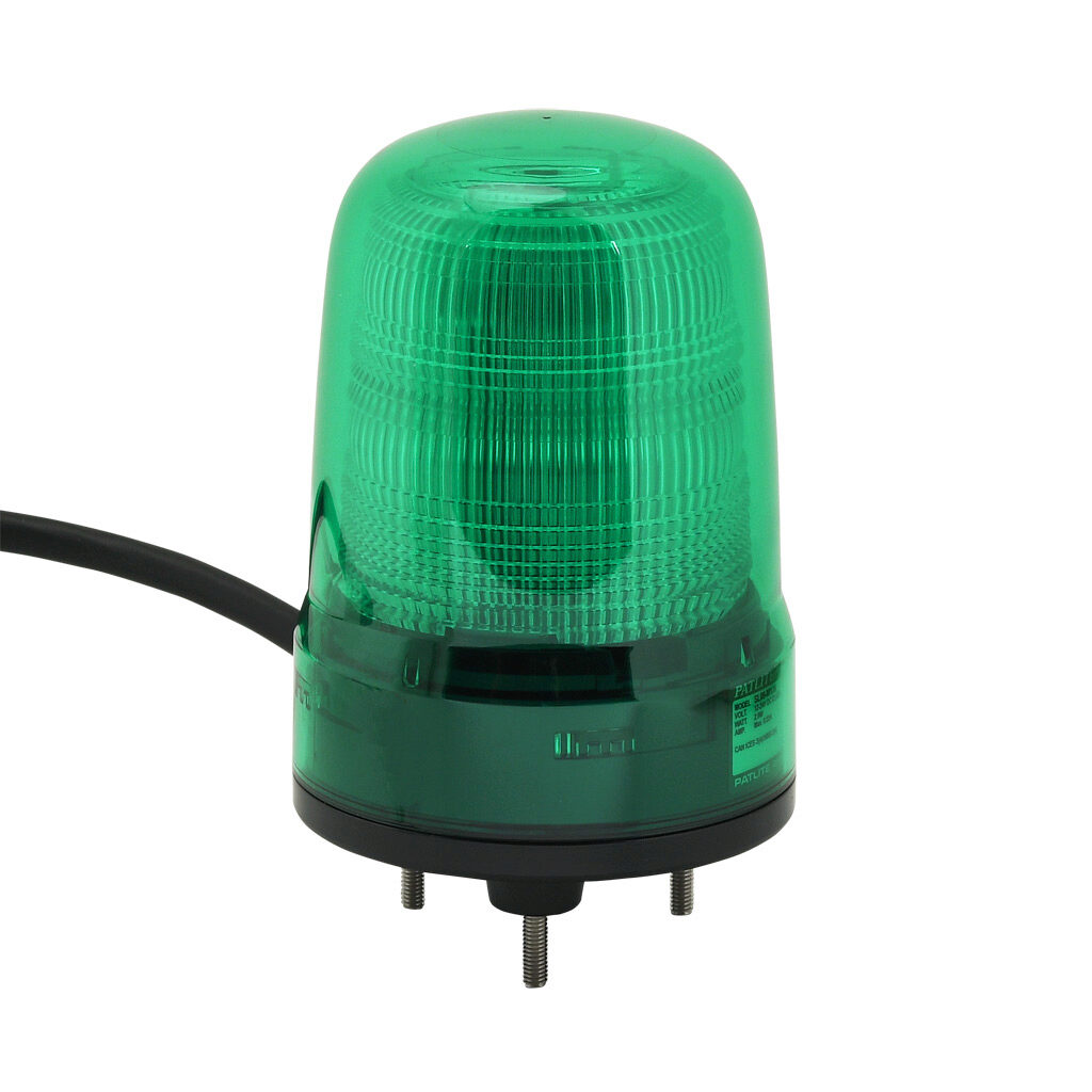 SL08-M1JN-G - Patlite SL series LED industrial signal beacon, 80mm, green, selectable continuous, blinking or triple flash, IP23, base mount, 12-24 VDC. IP65 when used with SZW-102 rubber gasket.