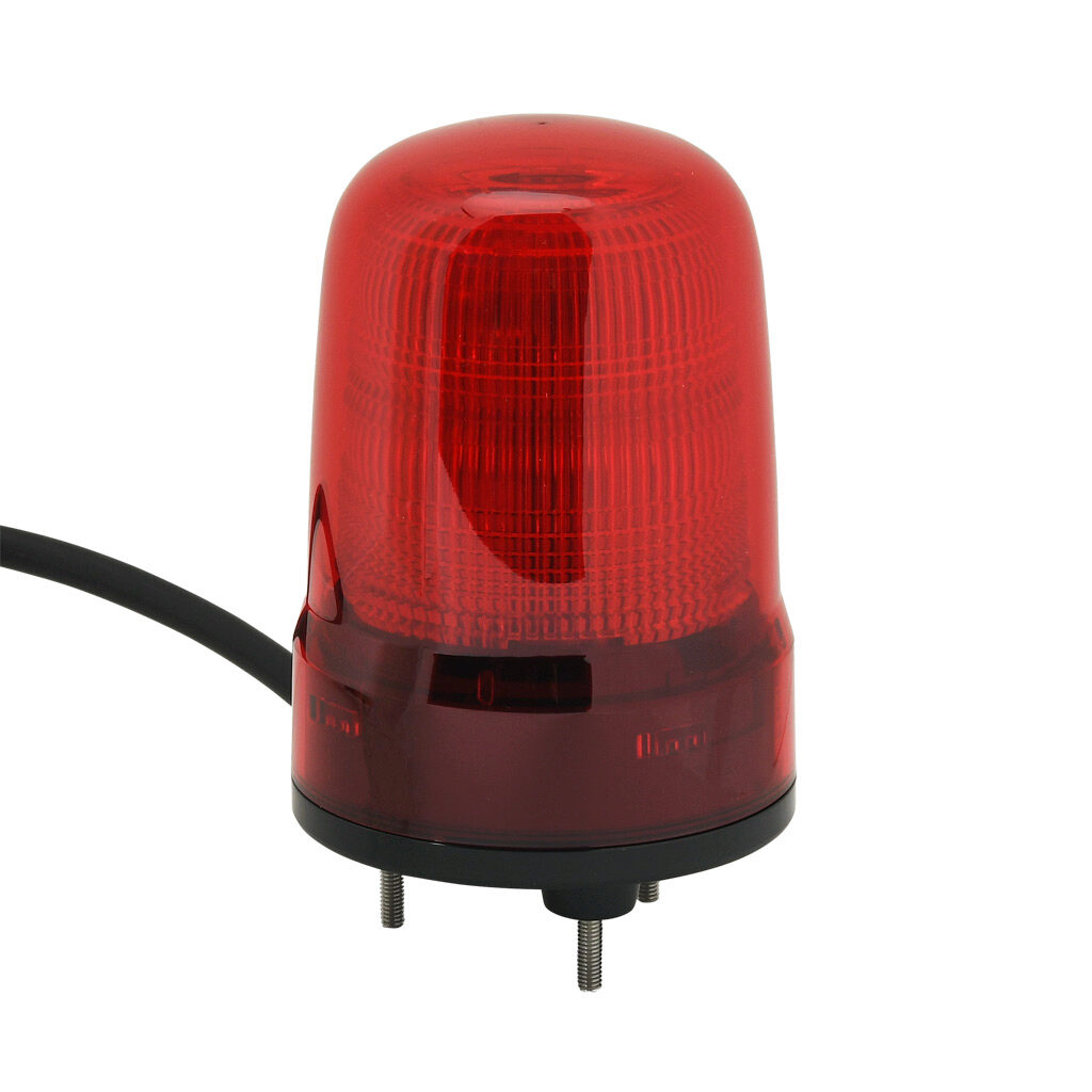 SL08-M1JN-R - Patlite SL series LED industrial signal beacon, 80mm, red, selectable continuous, blinking or triple flash, IP23, base mount, 12-24 VDC. IP65 when used with SZW-102 rubber gasket.