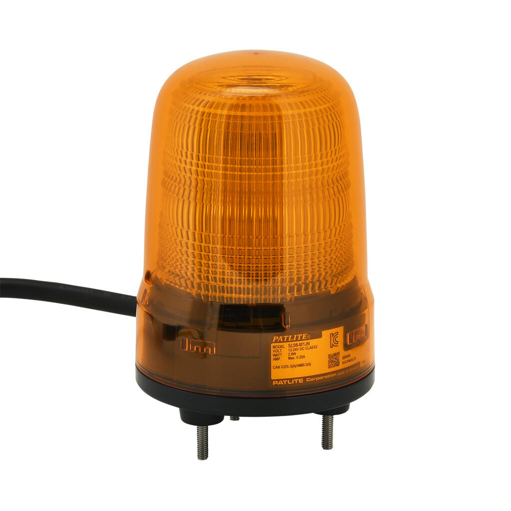SL08-M1JN-Y - Patlite SL series LED industrial signal beacon, 80mm, amber, selectable continuous, blinking or triple flash, IP23, base mount, 12-24 VDC. IP65 when used with SZW-102 rubber gasket.