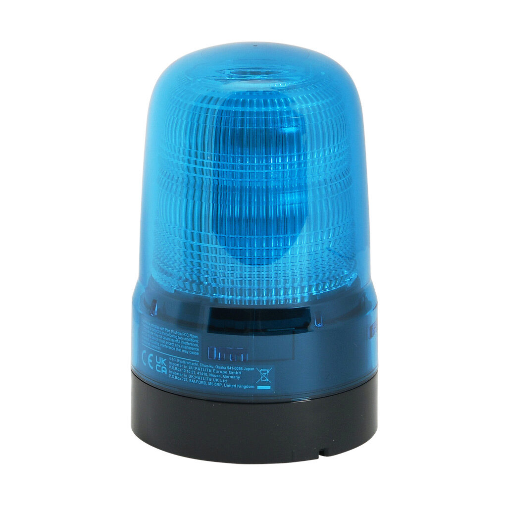 SL08-M1KTB-B - Patlite SL series LED audible-visual signal beacon, 86 dB at 1m, continuous tone(s), selectable continuous, blinking or triple flash, blue, 80mm, 12-24 VDC, IP66, NEMA 4X/13, push-in terminal.