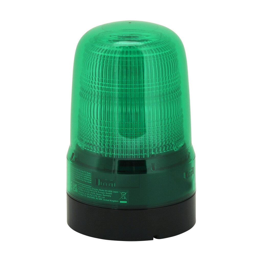 SL08-M1KTB-G - Patlite SL series LED audible-visual signal beacon, 86 dB at 1m, continuous tone(s), selectable continuous, blinking or triple flash, green, 80mm, 12-24 VDC, IP66, NEMA 4X/13, push-in terminal.