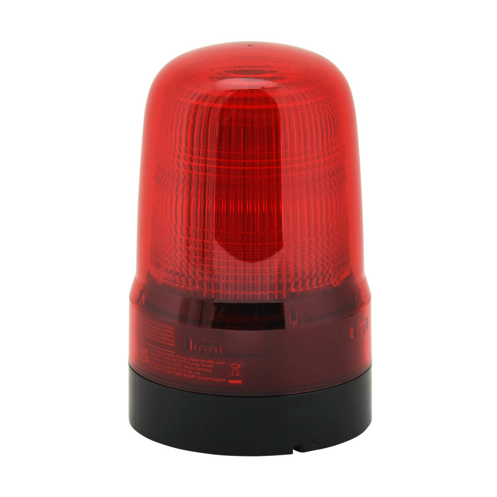 SL08-M1KTB-R - Patlite SL series LED audible-visual signal beacon, 86 dB at 1m, continuous tone(s), selectable continuous, blinking or triple flash, red, 80mm, 12-24 VDC, IP66, NEMA 4X/13, push-in terminal.