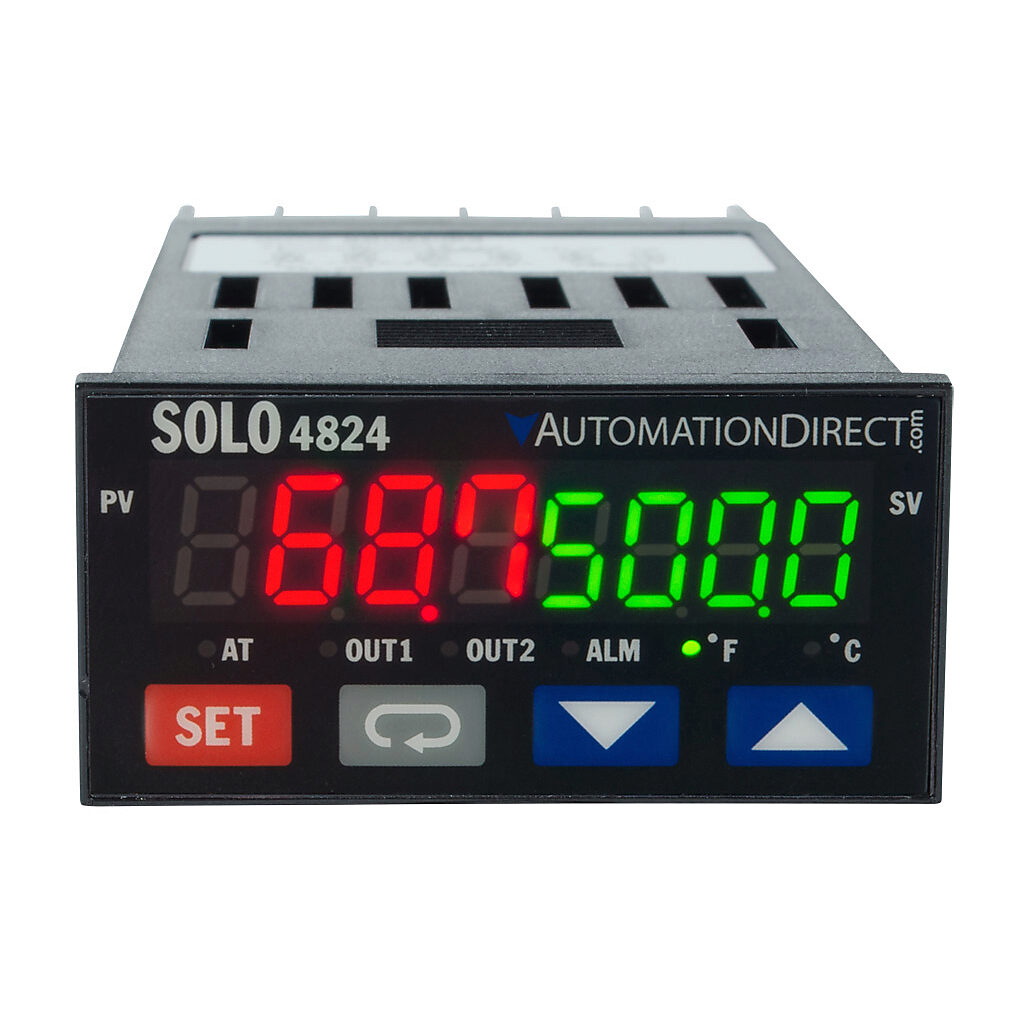 SL4824-RR-D - SOLO standard temperature controller, 48 x 24mm, current, voltage, RTD or thermocouple input, relay output, (2) 3A Form A (SPST) relays, 24 VDC, RS-485.