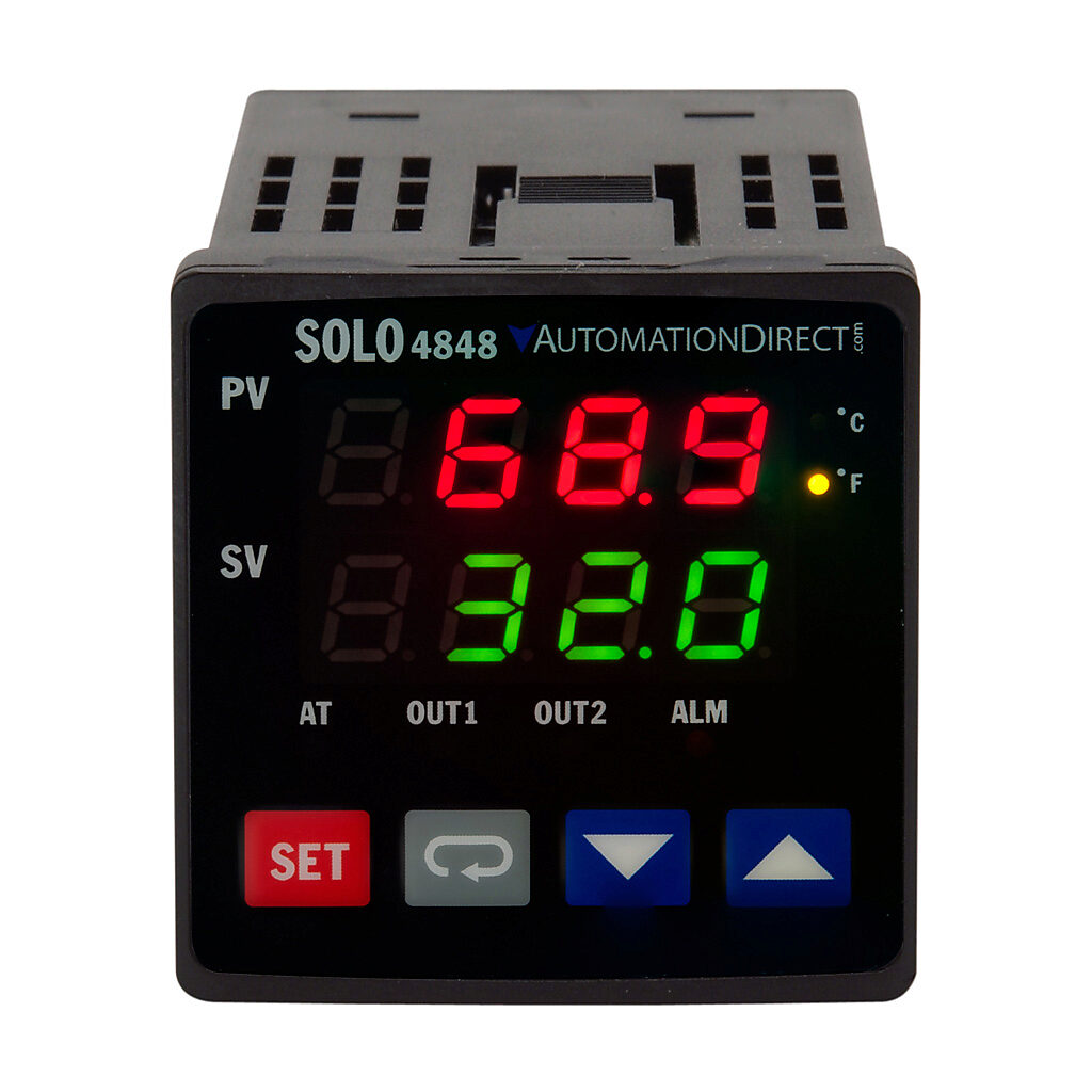 SL4848-CV - SOLO standard temperature controller, 48 x 48mm, current, voltage, RTD or thermocouple input, current, pulse and relay output, (2) 3A Form A (SPST) relays, 100-240 VAC, RS-485.
