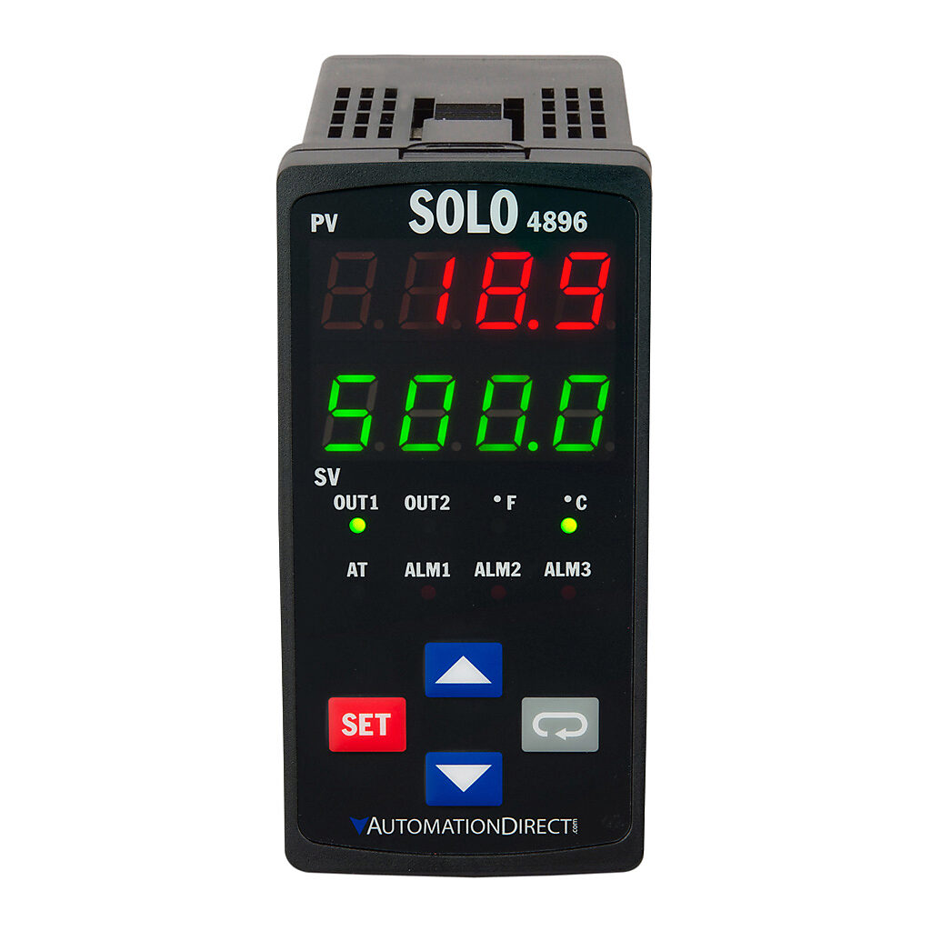 SL4896-CRE - SOLO standard temperature controller, 48 x 96mm, current, voltage, RTD, thermocouple or event input, current and relay output, (1) 5A Form A (SPST) relay, (2) 3A Form A (SPST) relays, 100-240 VAC, RS-485.