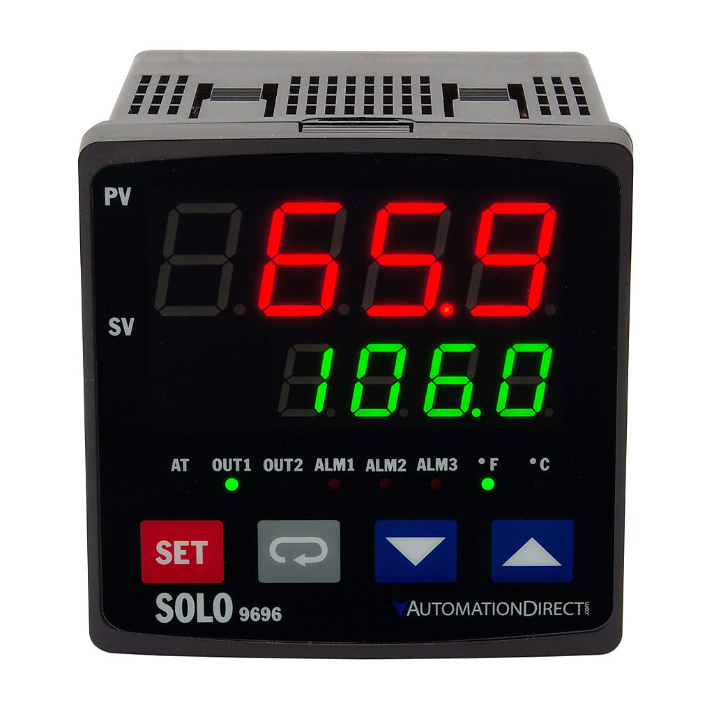 SL9696-LVE - SOLO standard temperature controller, 96 x 96mm, current, voltage, RTD, thermocouple or event input, voltage, pulse and relay output, (2) 3A Form A (SPST) relays, 100-240 VAC, RS-485.