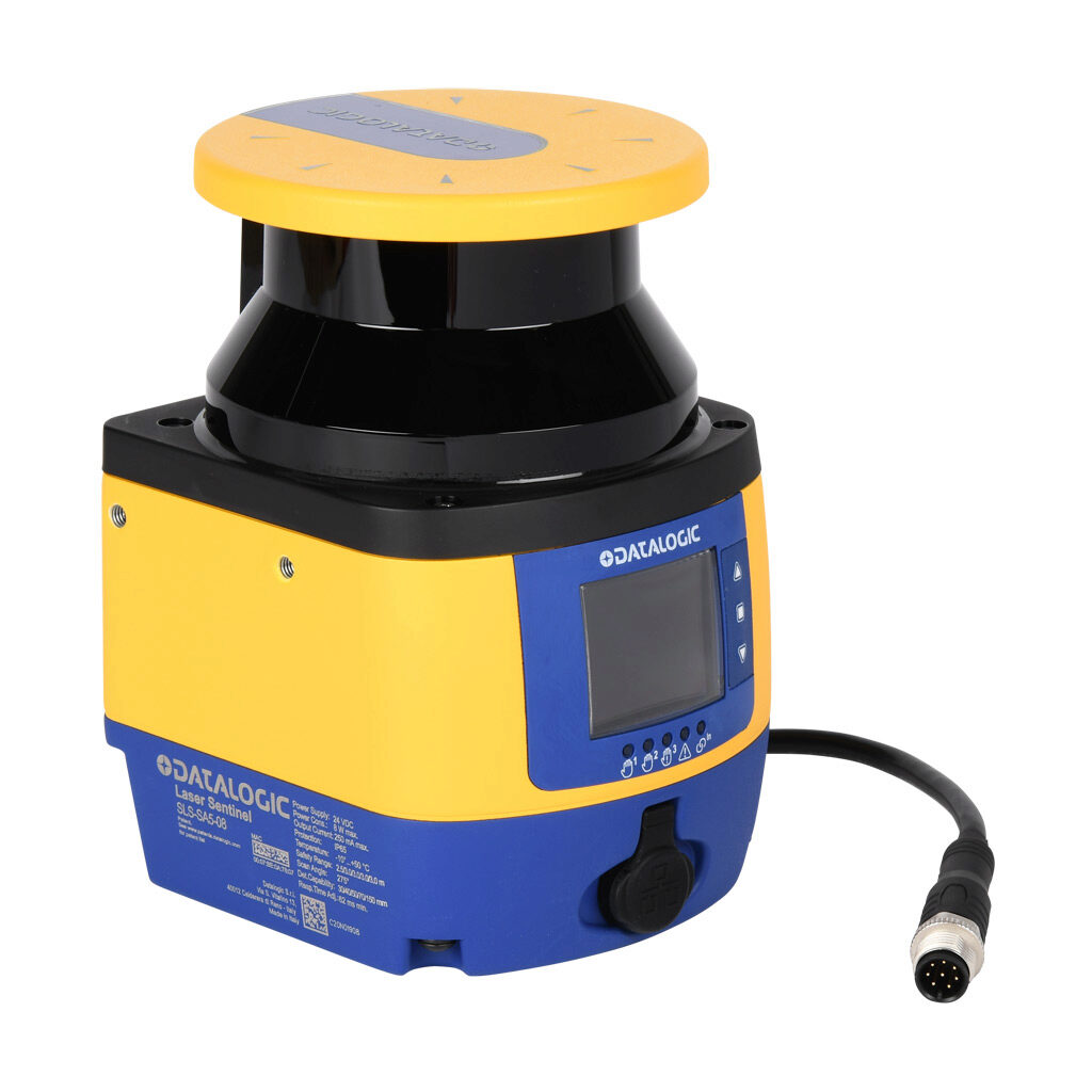 SLS-SA5-08 - Datalogic safety laser scanner, area protection, 275 degrees operating angle, 0.05-5.5m operating distance, 1 safety operating zone, 24 VDC, safety category Type 3, IP65, (1) 4-pin and (1) 8-pin M12 quick-disconnect.
