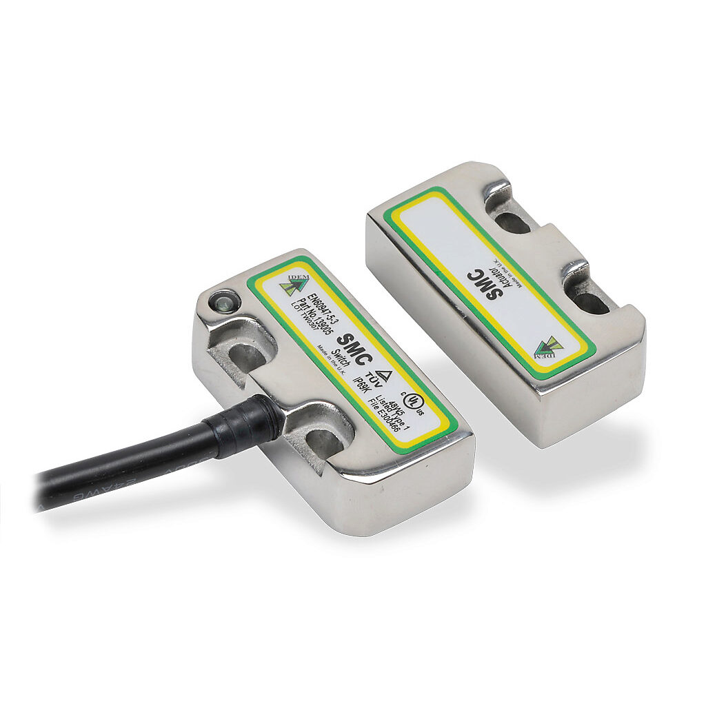 SMC-139005 - IDEM safety switch set, non-contact coded magnetic, (2) N.C. safety output(s), (1) N.O. monitoring output(s), 316 stainless steel housing, 50 x 25mm, pigtail, 6.5ft/2m cable length.
