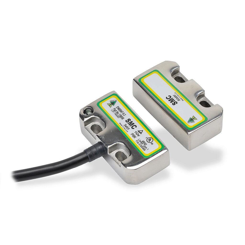 SMC-139006 - IDEM safety switch set, non-contact coded magnetic, (2) N.C. safety output(s), (1) N.O. monitoring output(s), 316 stainless steel housing, 50 x 25mm, pigtail, 16.4ft/5m cable length.