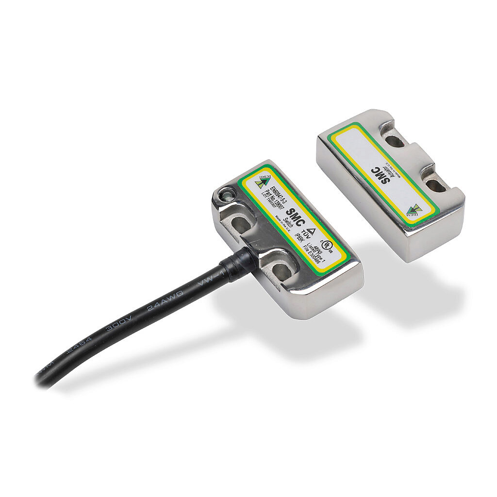 SMC-139007 - IDEM safety switch set, non-contact coded magnetic, (2) N.C. safety output(s), (1) N.O. monitoring output(s), 316 stainless steel housing, 50 x 25mm, pigtail, 32.8ft/10m cable length.