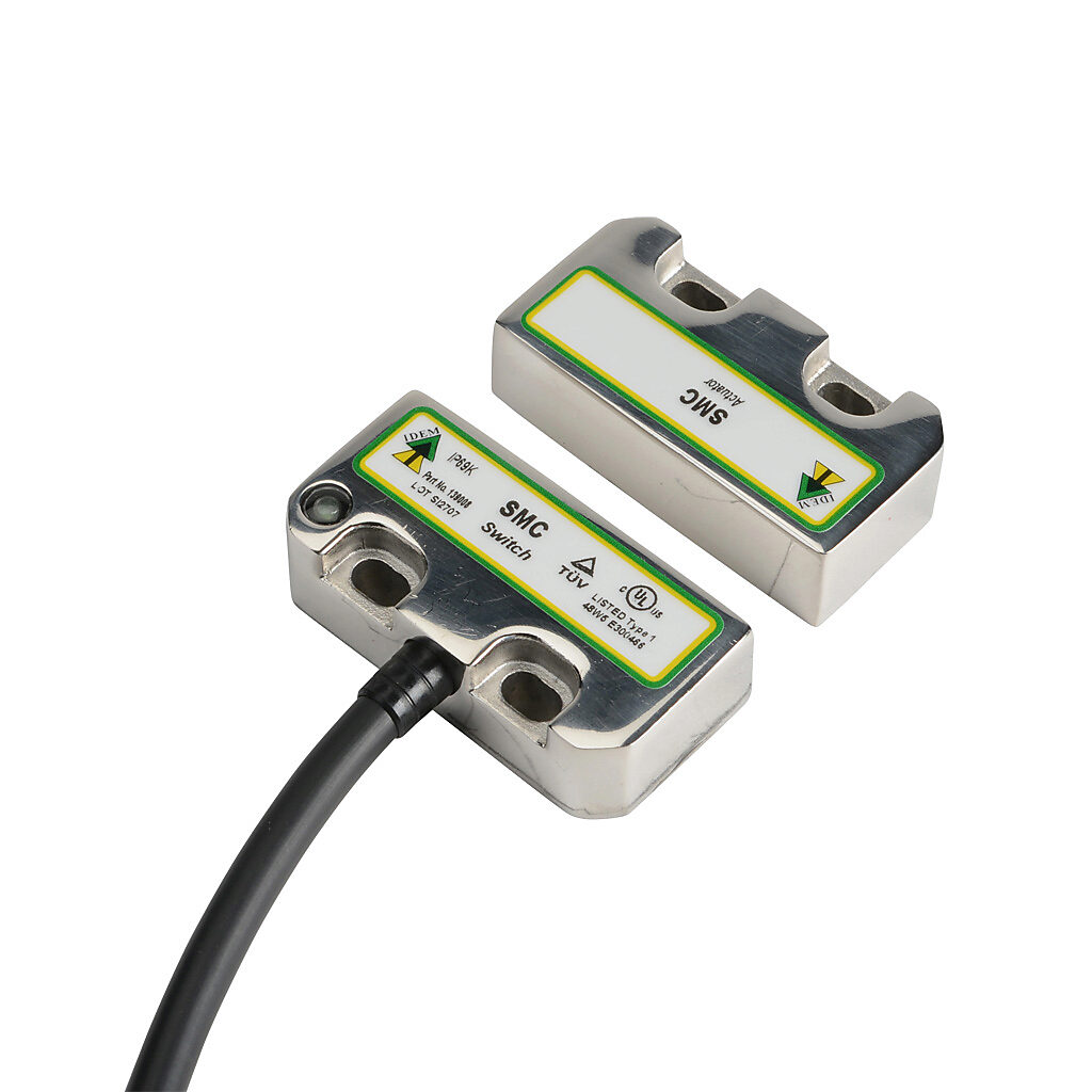 SMC-139008 - IDEM safety switch set, non-contact coded magnetic, (2) N.C. safety output(s), (1) N.O. monitoring output(s), 316 stainless steel housing, 50 x 25mm, 8-pin M12 quick-disconnect, 9.8in/250mm cable length.