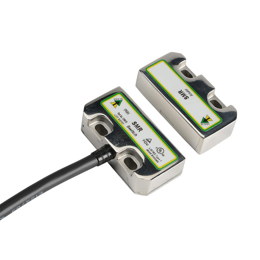 SMR-139016 - IDEM safety switch set, non-contact magnetic, (2) N.C. safety output(s), (1) N.O. monitoring output(s), 316 stainless steel housing, 50 x 25mm, 8-pin M12 quick-disconnect, 9.8in/250mm cable length.
