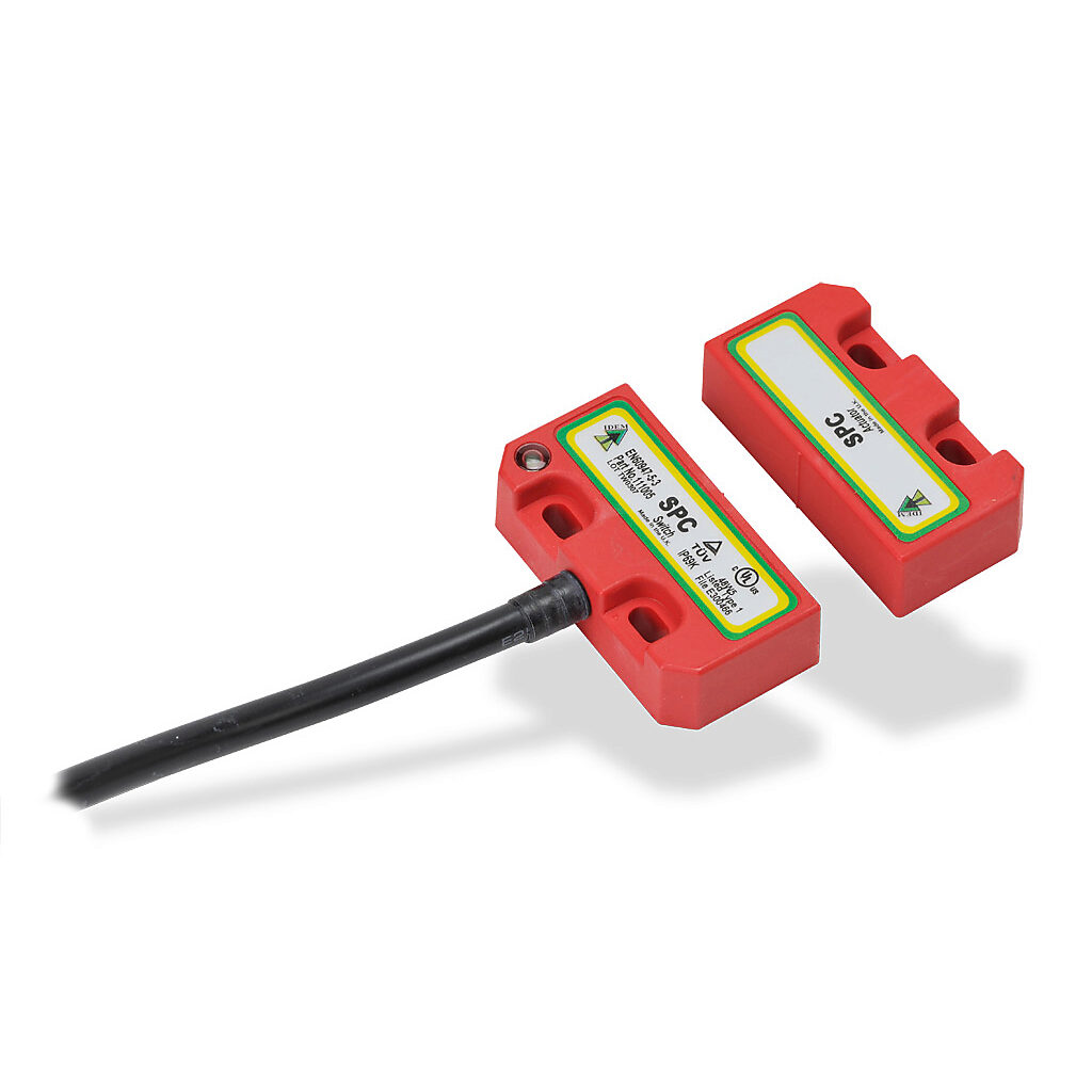 SPC-111005 - IDEM safety switch set, non-contact coded magnetic, (2) N.C. safety output(s), (1) N.O. monitoring output(s), plastic housing, 50 x 25mm, pigtail, 6.5ft/2m cable length.